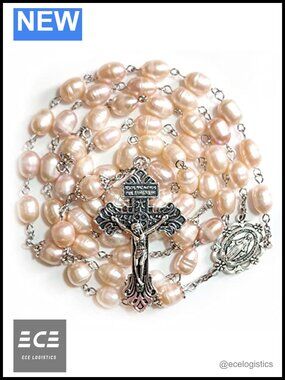 Natural Pearl Rosary Beads Olive Shape Cross Catholic Necklace
